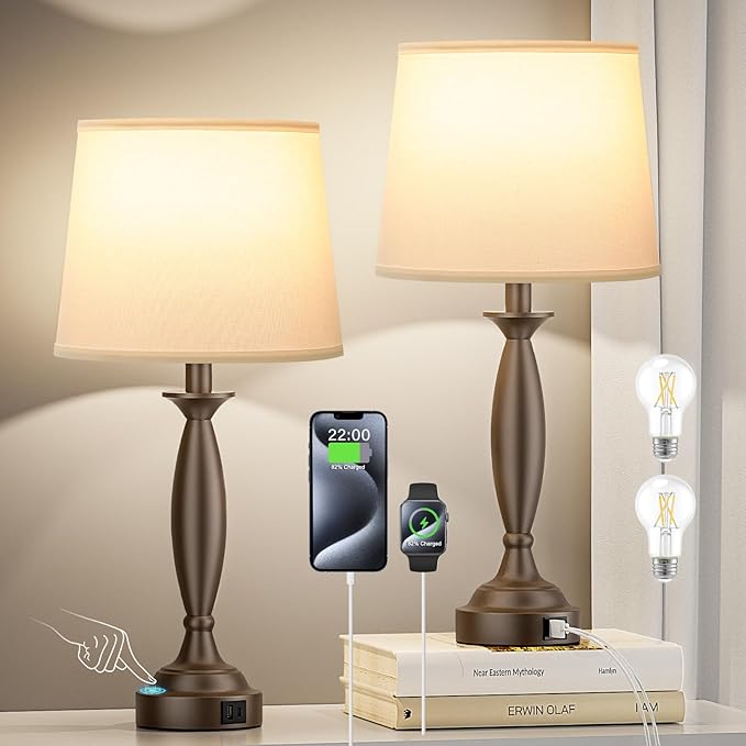 Seealle White Brown Lamps for Bedrooms Set of 2 - Touch Control Bedside Lamp with USB C+A, 3 Way Dimmable Nightstand Lamps with USB Port, Table Lamp for Living Room(White Shade and Brown Base) - Bloomnest