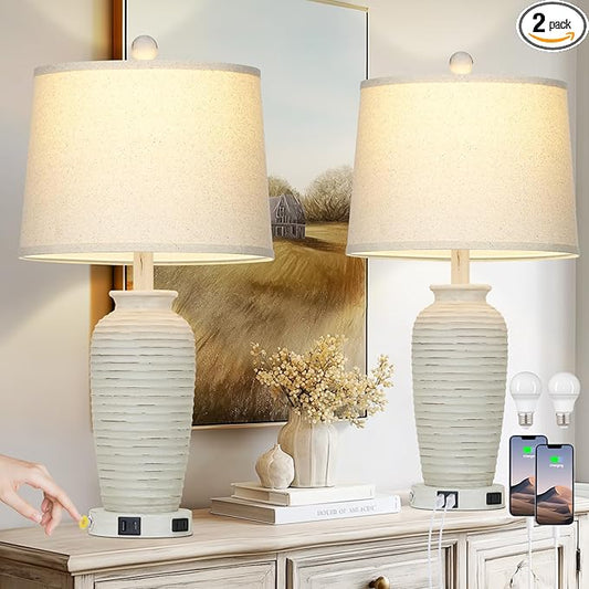 25" Retro White Farmhouse Jar Table Lamps Set of 2, 3 Way Touch Control Rustic Bedside Lamps with USB A+C Ports & AC Outlet, Pot Nightstand Lamps for Bedroom Living Room (LED Bulbs Included) - Bloomnest