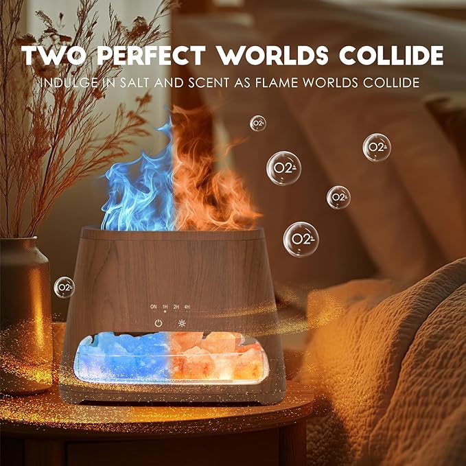 SALKING Colorful Flame Fire Diffuser Humidifier, Himalayan Salt Lamp, 7 Colors Changing Oil Diffuser, Ultra-Quiet Essential Oils Aromatherapy Diffusers for Large Room, Bedroom,150ml (Dark)