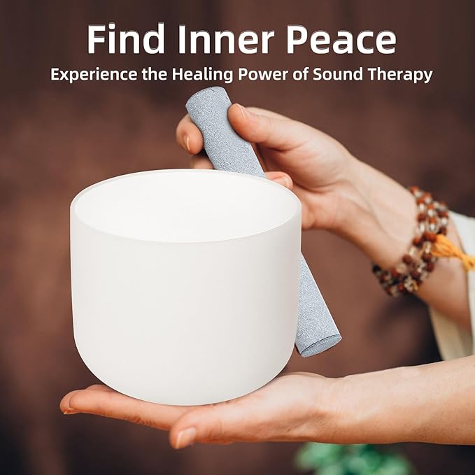 10 Inch White F Note 432hz Heart Chakra Crystal Singing Bowl Healing with Carrying Case and Rubber Mallet Suede Strikers Oring - Bloomnest