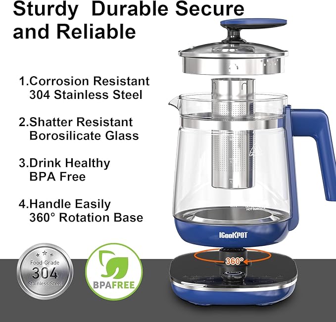 Electric Kettle, 1.5L Borosilicate Glass Hot Water Kettle Electric & Tea Kettle for Coffee or Tea, BPA Free, Auto Shut-Off, Stainless Steel, Blue, 1200w - Bloomnest