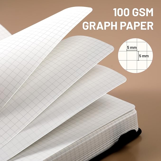CAGIE Graph Notebook 320 Pages 100 GSM Paper Graphing Grid Journal A5 Hardcover Leather Quad Ruled Notebooks for Engineering, Math, Work, Black - Bloomnest