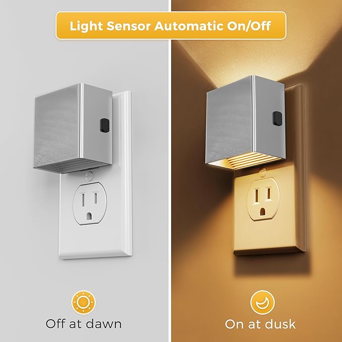 L LOHAS LED Night Light,Night Lights Plug into Wall,[2-Pack] Dimmable Night Light with Light Sensor,3000K Warm White,Silver Nightlight for Bathroom Hallway Kitchen - Bloomnest
