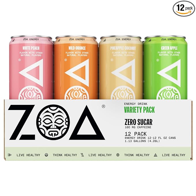 ZOA Zero Sugar Energy Drinks, Remix Variety Pack - Sugar Free with Electrolytes, Healthy Vitamin C, Amino Acids, Essential B-Vitamins, and Caffeine from Green Tea - 12 Fl Oz (Pack of 12) - Bloomnest