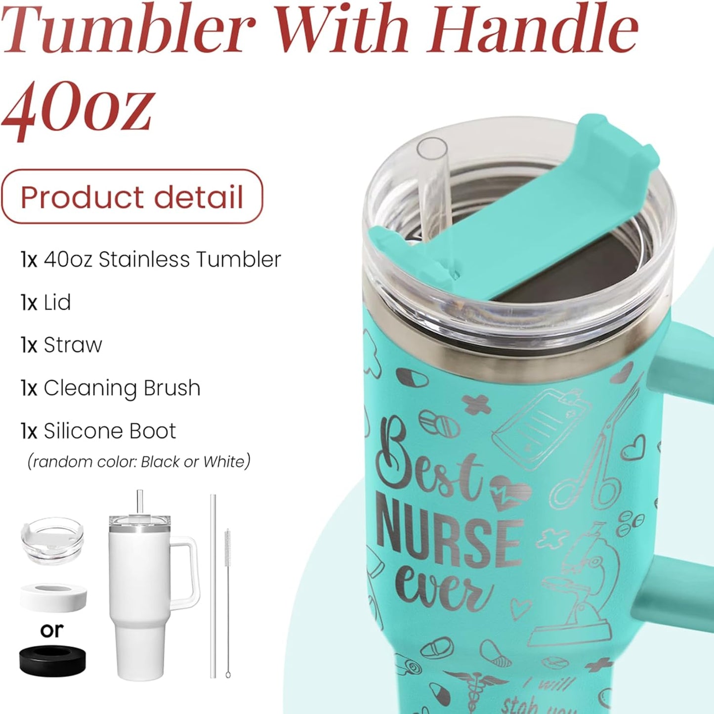 Nurse Gifts for Women, Nurse Tumbler with Handle 40oz Stainless Steel Coffee Cup with Straw Lid, Nursing Gift for Female Nurses, Appreciation Gift for Graduation Christmas Birthday