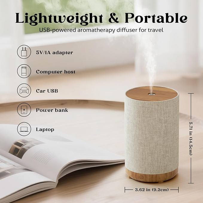 Essential Oil Diffuser with Fabric Cover, Small Portable Aroma Diffuser for Home 120ml, Ultrasonic Aromatherapy Oil Diffuser with 7 Colors LED, Auto Shut-Off Function, Mini Humidifier for Bedroom SNOWSEN