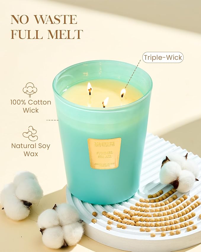 M&SENSE Summer Sea Air Scented Candle, 35 OZ Extra Large 3 Wick Natural Soy Wax Candles 150 Hours Long Lasting Slow Burning, Candles Gift for Spring Home Decor - Bloomnest