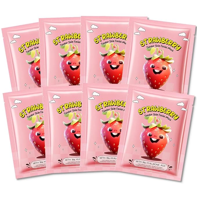 8 Pack Strawberry Kids Face Mask,Pink Face Masks Skincare Spa Day Kit Supplies,Spa Party Favors for Teens Girls Women,Sheet Facial Mask Skincare Gifts Set,Moisturize Soothe for All Skin Types - Bloomnest
