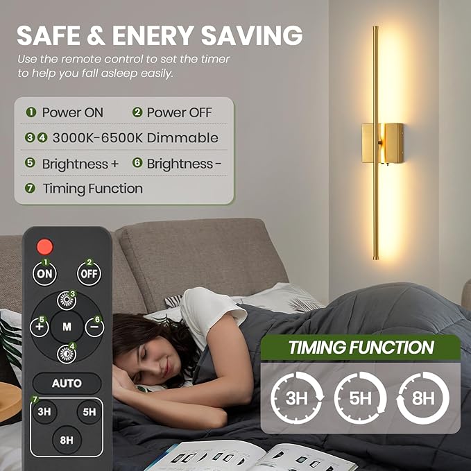 Rechargeable Battery Operated Wall Sconces, 11000mAh Wireless Brushed Gold Wall Lights with Remote Control, 350°Rotate Dimmable Wall Lamp, 3 Color Temperatures, for Bedroom Living Room Hallway, 1 PCS - Bloomnest