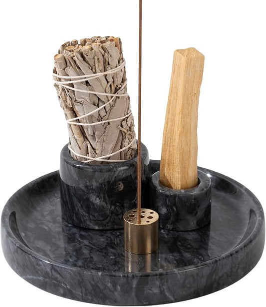 4 in 1 Marble Incense Holder, Natural Marble Incense Burner for Meditation, 9 Incense Holes Suitable for Most Incense Types (Black) - Bloomnest