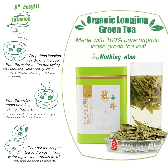 EFOOFAN Organic Dragonwell Green Tea Loose Leaf, 3.53oz/100g, USDA/EC Certified, 2nd Pick/YuQian Chinese Tea Leaves, Longjing Cha - Bloomnest