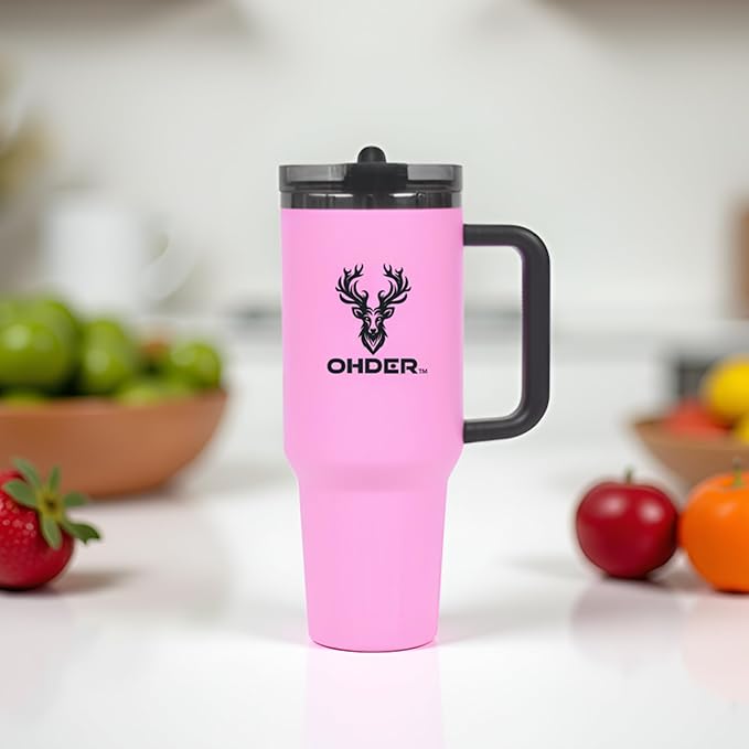 40 oz Tumbler with Handle and Straw | Vacuum Insulated Double Wall Stainless Steel Travel Mug | Leakproof, Hot and Cold | Cup Holder Friendly Base (Pink) - Bloomnest