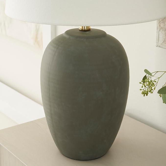 Nourison Home 23" Olive Green Ceramic Pot Table Lamp for Bedroom, Living Room, Dining Office, with White Tapered Drum Shade - Bloomnest