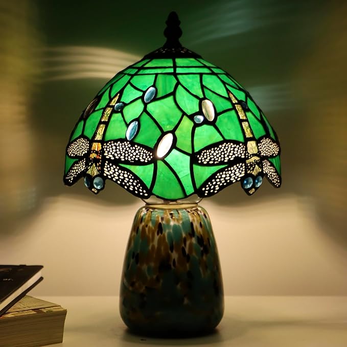 Tiffany Mushroom Table Lamp Dragonfly Style Green Stained Glass Accent Lamp Brown Blue Glass Base 8X8X12 Inch - Bloomnest