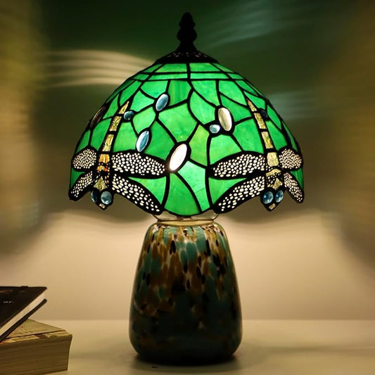 Tiffany Mushroom Table Lamp Dragonfly Style Green Stained Glass Accent Lamp Brown Blue Glass Base 8X8X12 Inch - Bloomnest