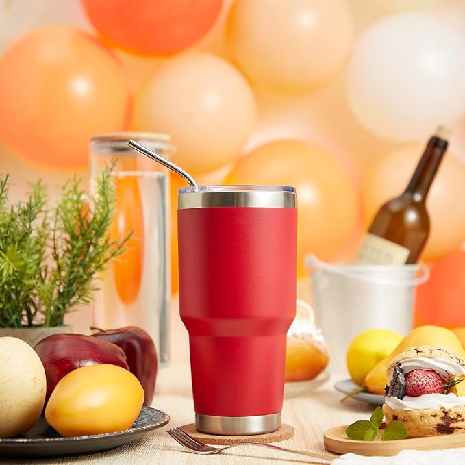 MEWAY 30oz Insulated Tumbler With Lids and Straws,Stainless Steel Double Vacuum Coffee Tumbler Cup, Brush, Durable Powder Coated Coffee Cup for Cold & Hot Drinks, Office, Travel(Coral red,8 PACK) - Bloomnest