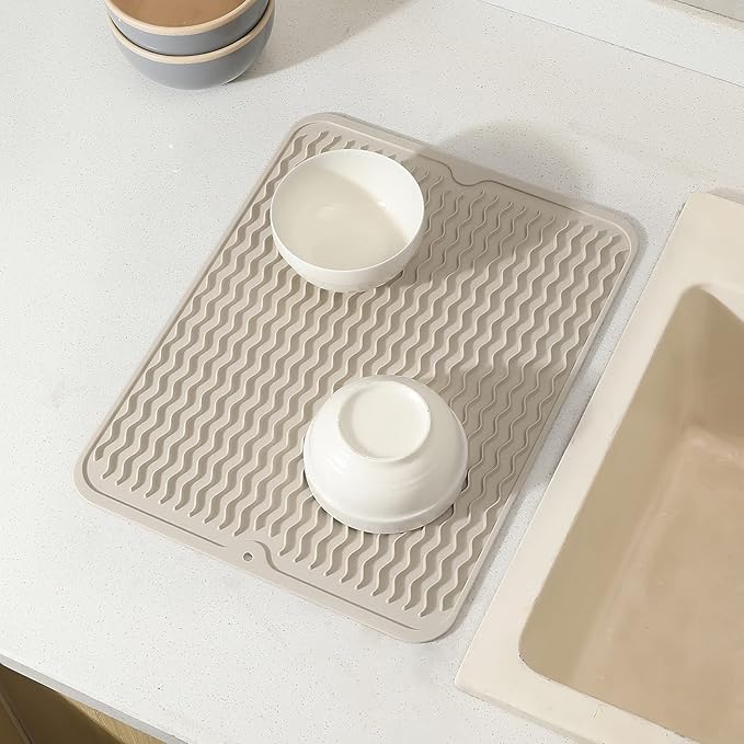 Silicone Dish Drying Mat for Multiple Usage,Easy clean,Eco-friendly,Heat-resistant Silicone Mat for Kitchen Counter or Sink,Refrigerator or drawer liner Tapioca L 16 inches x 12 inches - Bloomnest
