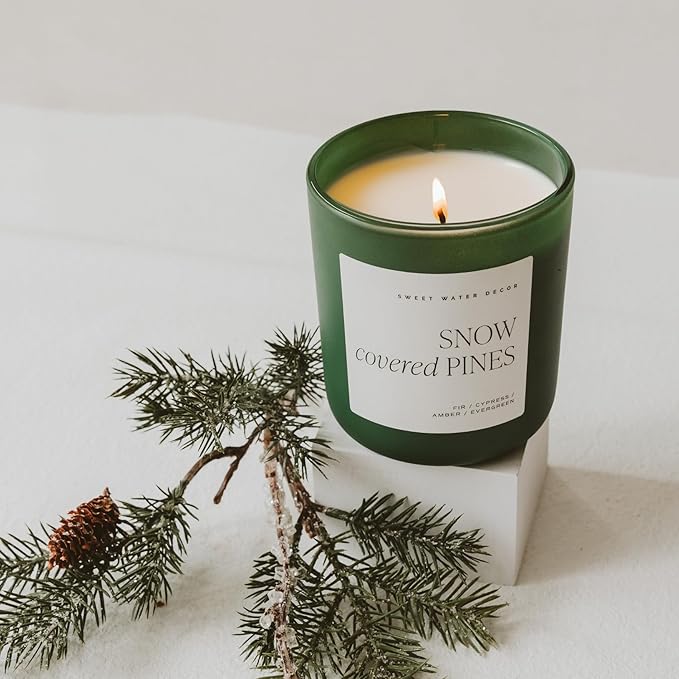 Sweet Water Decor Snow Covered Pines Christmas Scented Candles - Christmas Stocking Stuffers Soy Candles Cypress Scent - Christmas Candles with 70 Hours Burn Time - 15Oz Green Matte Jar Wax Candles - Bloomnest