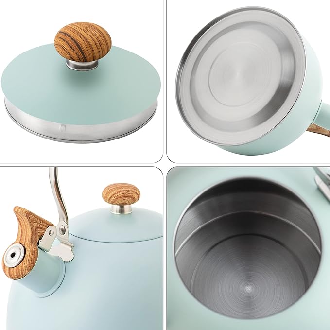 Whistling Stainless Steel Diamond Pattern Tea Kettle with Wood Grain Anti Heat Handle, Stainless Steel Cover Wood Grain Nylon Cover Top Tea Pot (Green) - Bloomnest
