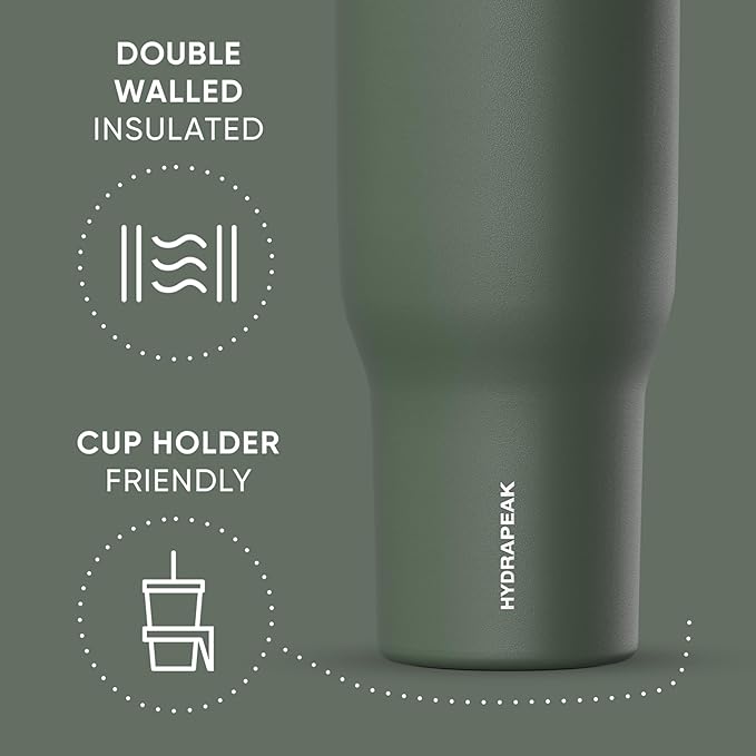 Hydrapeak Voyager 40 Oz Stainless Steel Tumbler with Handle, Insulated Water Bottle With Straw & Lid, Cupholder Friendly Reusable Travel Mug (Thyme) - Bloomnest