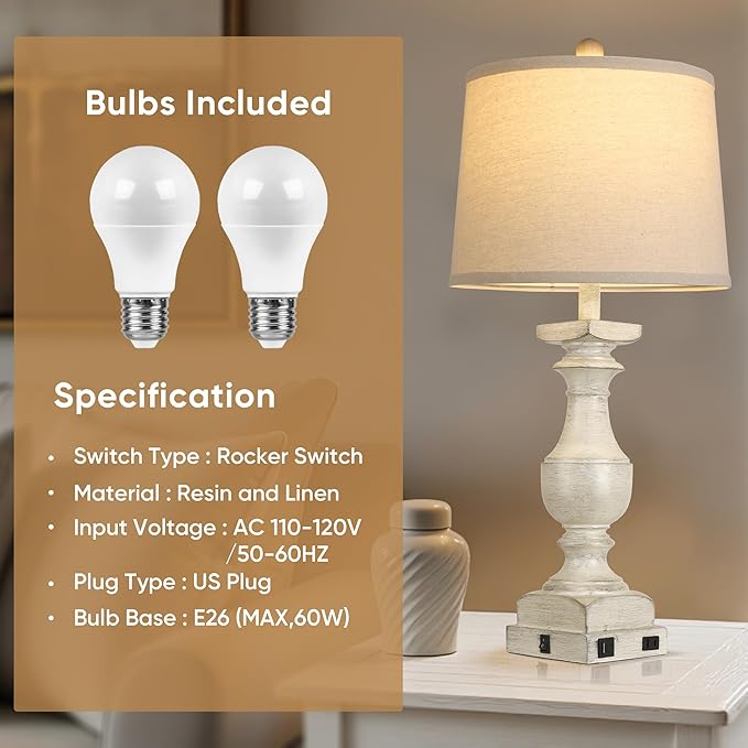 Farmhouse Table Lamp Set of 2, 28'' Bedside Lamps with USB A+C Port, Traditional Nightstand Lamps for Room, Vintage Table Lamp, Desk Lamp for Bedroom, Beige Lampshade, Rocker Switch, Bulb Included - Bloomnest