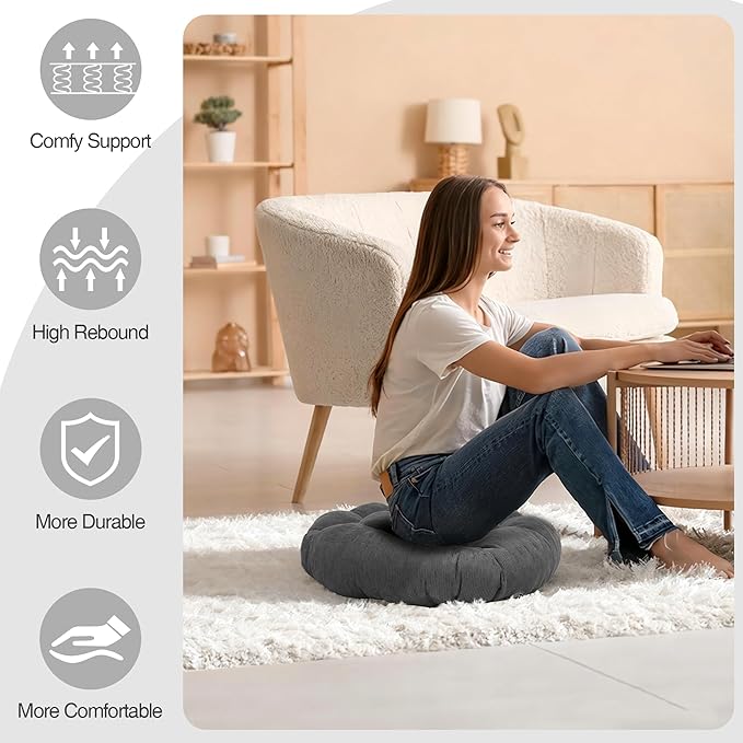 Floor Cushions for Adults Floor Pillows for Sitting Large Round Tufted Meditation Pillows Memory Foam 2 Pcs, 24" x 24", Dark Grey - Bloomnest