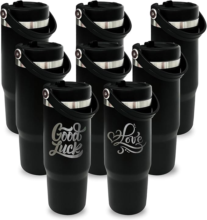 30 oz Tumbler Bulk with Top Handle, Double Wall Vacuum Insulated Tumbler with Flip Straw, Travel Coffee Mug 30oz Powder Coated Cup for Laser Engraving (Black,8 pack)