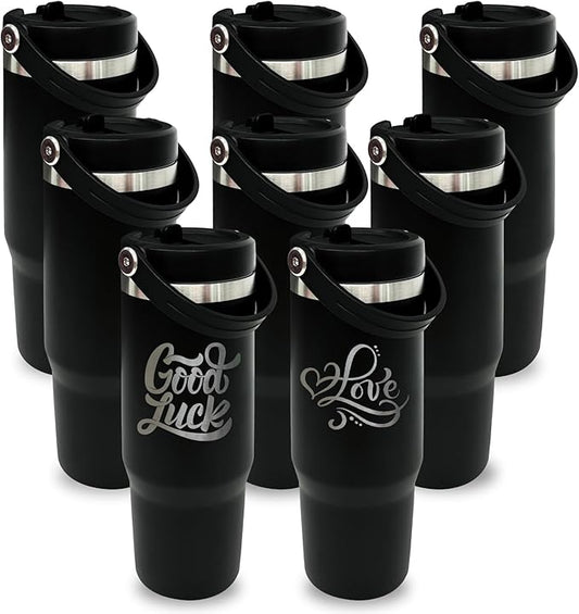 30 oz Tumbler Bulk with Top Handle, Double Wall Vacuum Insulated Tumbler with Flip Straw, Travel Coffee Mug 30oz Powder Coated Cup for Laser Engraving (Black,8 pack)