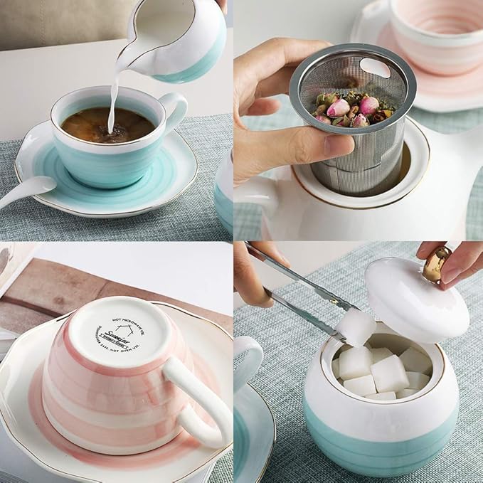Sweejar Porcelain Tea Sets, 8 OZ Cups & Saucer Service for 4, Teapot Sugar Bowl Cream Pitcher Teaspoons and Tea Strainer for Adult Tea Coffee Afternoon Party (Pink) - Bloomnest