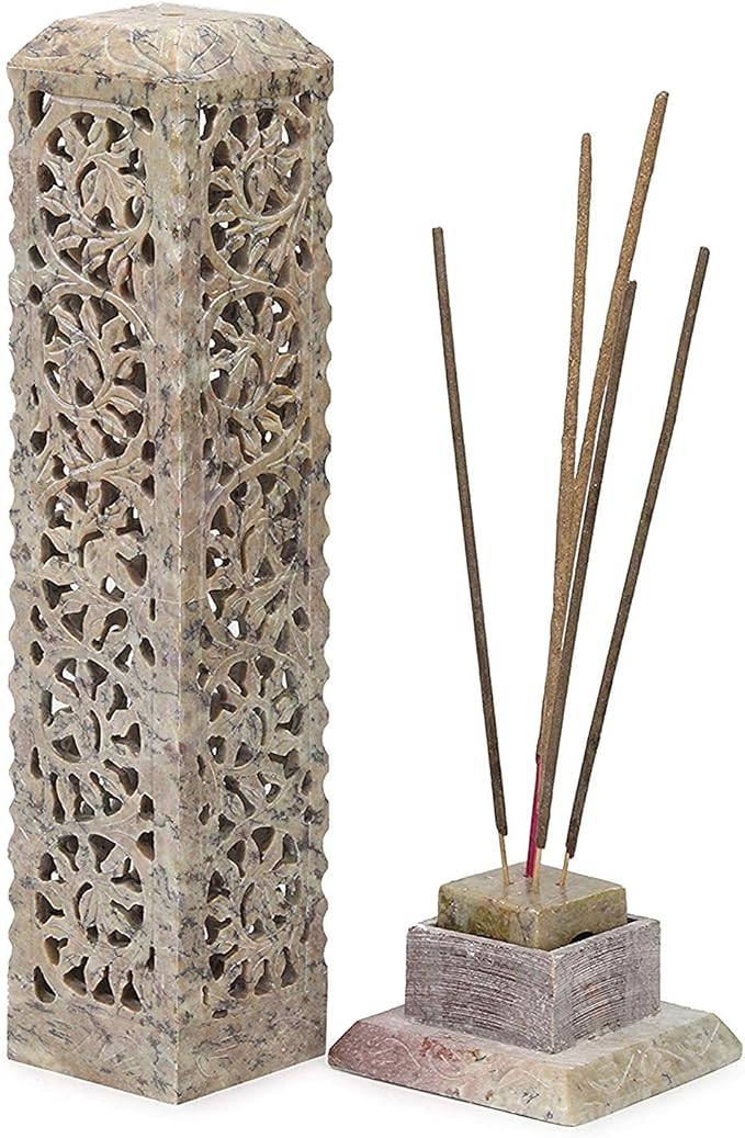 Carry Me Handmade Marble Soapstone Incense Stick Burner | Candle Stick Holder | Tea Light Stand - Perfect Incense Tower for Gifting. Decorative Home and Kitchen Decor (3 x 3 x 11 Inches) - Bloomnest