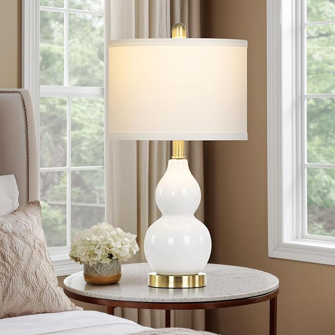 22" Modern Double Gourd Ceramic Table Lamps Set of 2, White Bedside Lamps for Living Room, Contemporary Nightstand Desk Lamps for Bedroom End Table Home Office Decor(2 LED Bulbs Included) - Bloomnest