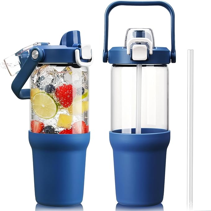 Glass Tumbler with Carry Handle, Clear Glass Water Bottle with Leakproof Lid, Spout Lid&Straw, BPA-Free, 32 oz, DBlue - Bloomnest