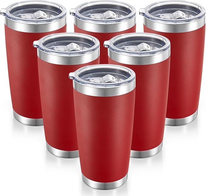 20 oz Tumblers Bulk Stainless Steel Tumbler with Lid Double Wall Vacuum Insulated Coffee Mug 20oz Powder Coated Cup for Hot and Cold Drinks, Red, 6 pack - Bloomnest