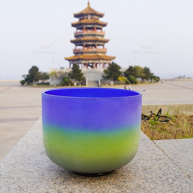 KVKA 8 Inch A Note Third Eye Chakra Rianbow Color Frosted Quartz Crystal Singing Bowl with Suede stiker and Carrying Carrier for Yoga Sound Musical Instrument - Bloomnest