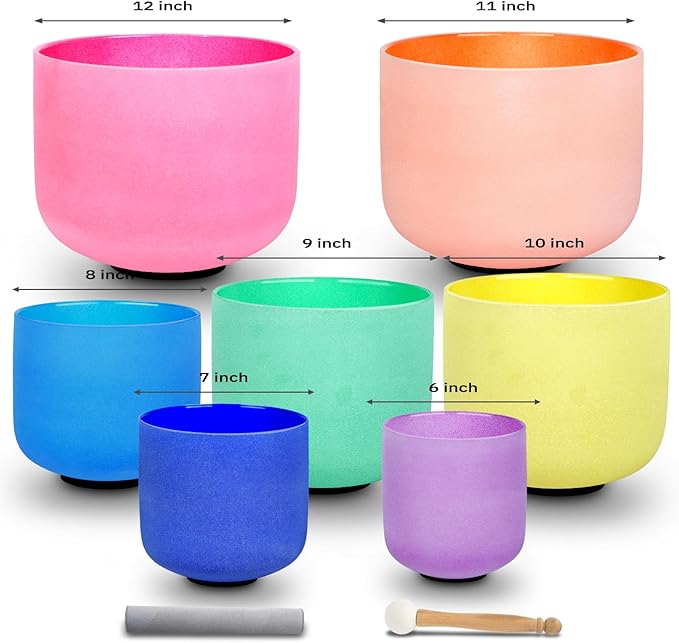 Leize Chakra Tuned 432hz Set of 7 Color Quartz Crystal Singing Bowls 6-12 inch with Heavy Duty Carrying Cases and Singing Bowl Mallets