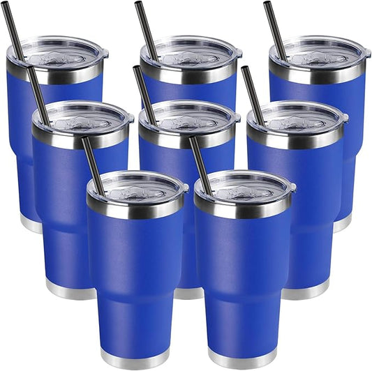 DOMICARE 30oz Tumbler Bulk with Lid and Straw, Double Wall Travel Coffee Mug, Insulated Vacuum Stainless Steel Tumblers, Powder Coated Tumbler Cup (Dark Blue, 8)