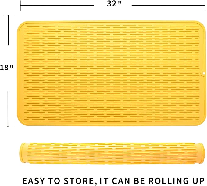 Silicone Dish Drying Mat for Multiple Usage,Easy clean,Eco-friendly,Heat-resistant Silicone Mat for Kitchen Counter or Sink,Refrigerator or Drawer Liner Yellow 4XL 32 inches x 18 inches - Bloomnest