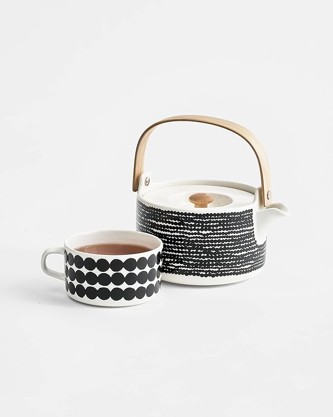 MARIMEKKO Oiva Räsymatto Stoneware Teapot — Refine Your Kitchen Décor with Our Iconic Black & White Stoneware — Stylish Ceramic Teapot with Tea Infuser Lid (26.63 oz) - Bloomnest