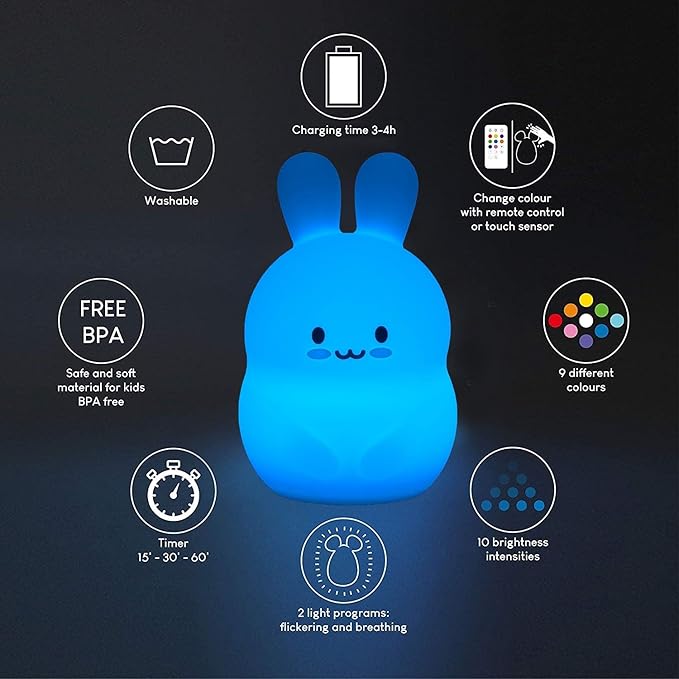 Large Rabbit Night Lights for Kids in Silicone, 9 Colors Baby Bedroom Lighting Children Bedside Table Lamps for Toddlers/Boys/Girls/Adults/Bedroom/Student/Elder/Bathroom/Outdoor - Large - Bloomnest