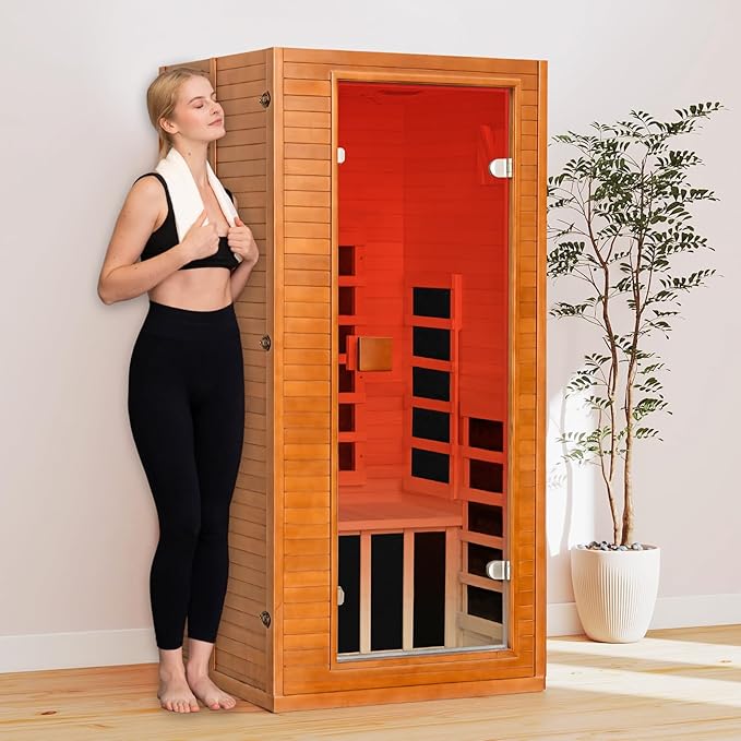 springspa Infrared Sauna for Home, 1 Person Home Sauna with Red Light Therapy, Canadian Hemlock Wooden Dry Saunas Room with Bluetooth Speakers, 1178 W/120V, 15 Minutes Pre-Warm up springspa