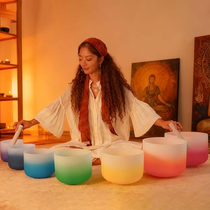 RYAN DVAN 432hz 6-12 Inch Set of 7 Pcs Gradient Design Quartz Crystal Singing Bowl Chakra Set Sound Therapy for Yoga, Reiki, Chakra Healing Energy Tuning & Mindfulness Kit - Bloomnest