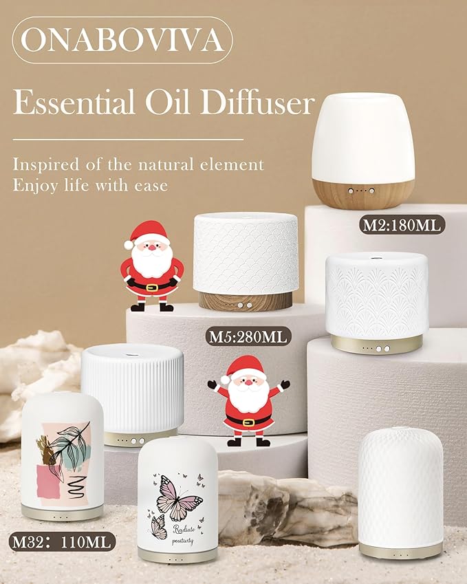Ceramic Essential Oil Diffuser 280ml- Aromatherapy Diffuser with Ultrasonic Cool Mist Humidifier, Night Light, Timer, Auto Shut-Off, Large Room Aroma Diffuser for Home, Bedroom, Office, Yoga - Bloomnest