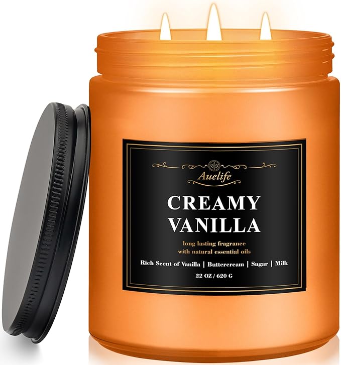 Auelife Creamy Vanilla Scented Candle – 22oz Large 3-Wick Soy Candle, Sweet Long Lasting Fall Candles for Home, Cozy Autumn Candles, Relaxing Gifts for Women & Men - Bloomnest