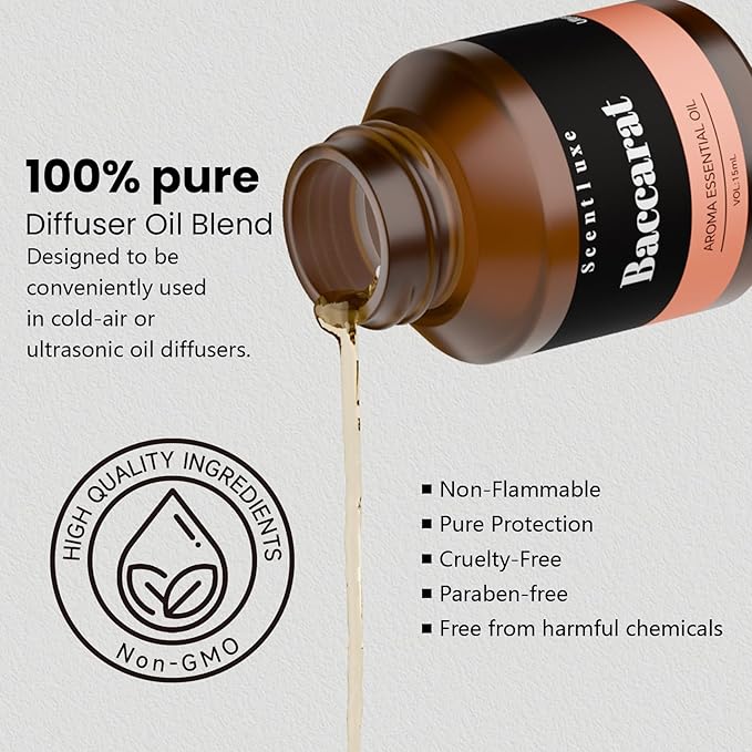 Hotel Diffuser Oil & Fragrance Scent Oil Inspired Baccarat - Essential Oil Blend for Home HVAC, Cold-Air & Ultrasonic Diffusers 15mL Glass Dropper Bottle with Luxury 5-Star Hotel Aromatherapy - Bloomnest