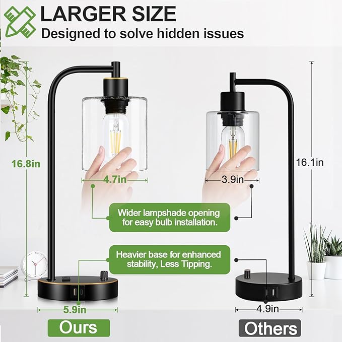 Set of 2 Black and Gold Industrial Table Lamps with USB Port, Fully Stepless Dimmable Bedside Lamps for bedrooms, Nightstand Desk Lamps with Clear Glass Shade for Reading Office 2 LED Bulb Included - Bloomnest