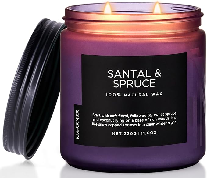 M&SENSE Santal Spruce Christmas Scented Candle, 11.6oz 70 Hours Burn Non Toxic Natural Soy Wax, 2 Cotton Wick Candle for Winter Holiday Housewarming Gifts for Family Friends Teachers - Bloomnest