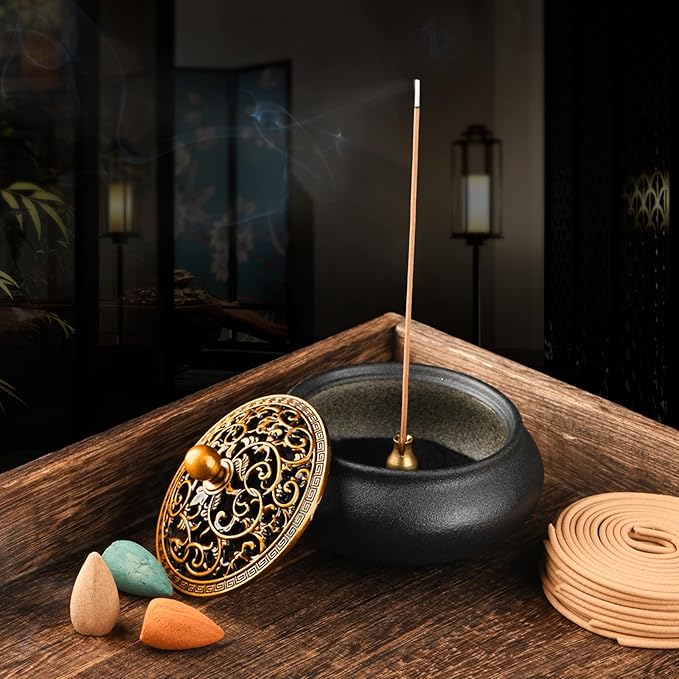Ceramic Incense Burner with Incense Stick Holder,Use for Stick/Coil Incense,Sage, Mosquito Incense and Charcoal,Handmade for Cleansing House Negative Energy & Other Smudging Rituals (Black) - Bloomnest
