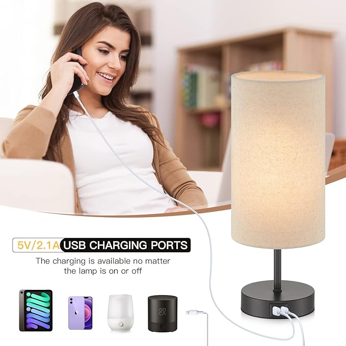 Touch Control Bedside Lamp with 2 USB Ports, 3-Way Dimmable Table lamp for Bedroom, Nightstand Lamp with Round Linen Fabric Shade for Living Room Home Office (E26 LED Bulb Included) - Bloomnest