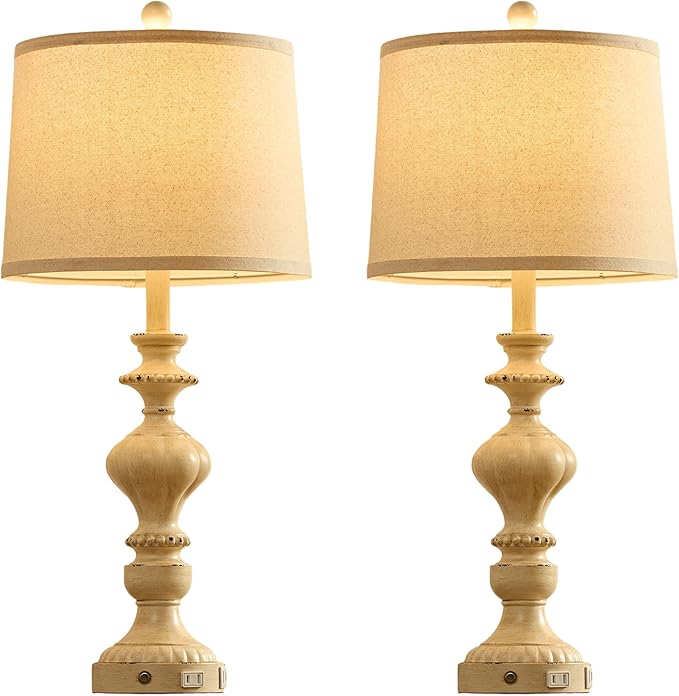 27.5" Farmhouse Table Lamps Set of 2 Bedside Nightstand Lamp with USB C+A Ports & AC Outlet, 3 Way Dimmable Touch Lamps for Bedroom Living Room Office Hallway Rustic Traditional Lamp - Bloomnest