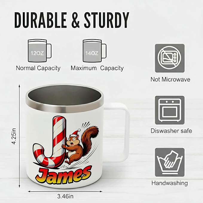JugJug Personalized Christmas Mug with Candy Cane Initial - Cute Squirrel 12oz Insulated Coffee Cup w/Lid - Sweet Xmas Gifts for Kids, Boys (B177) - Bloomnest